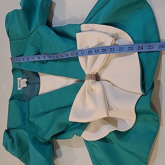 LIKE NEW VTG 80s Leslie Fay Satin Teal/White Puff Shoulder Large Bow Blazer - Picture 12 of 15